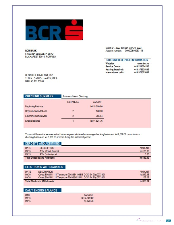 Download BCR Bank company checking account statement Word and PDF template Photoshop template